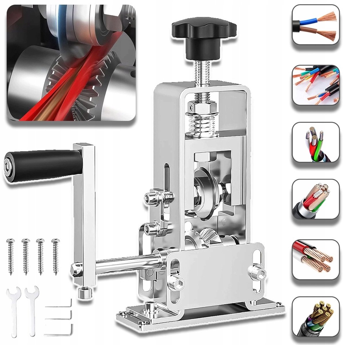 Draadstripper Met Hardmetaal Mes En V-Vorm Groef – Zelfregulerende Veer Zonder Afstelling – Handmatig En Elektrisch Aandrijfbaar – Voor 1,5-25 mm Koper En Aluminium – Zilver