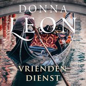 Gondelier in gestreept shirt stuurt gondel met rijk versierde rode stof, Donna Leon Vriendendienst