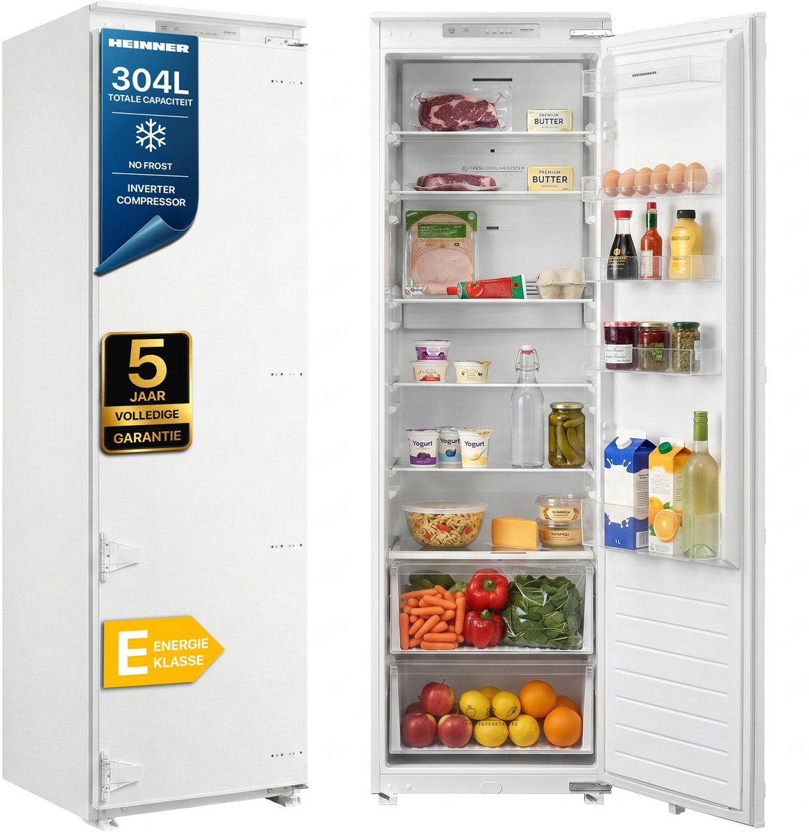 Heinner HF-BIM304NFINVE++ Inbouw Koelkast 304 L – No Frost – Deur Open Alarm – Elektronische Bediening – Superkoelfunctie – Wit – 5 Jaar Garantie
