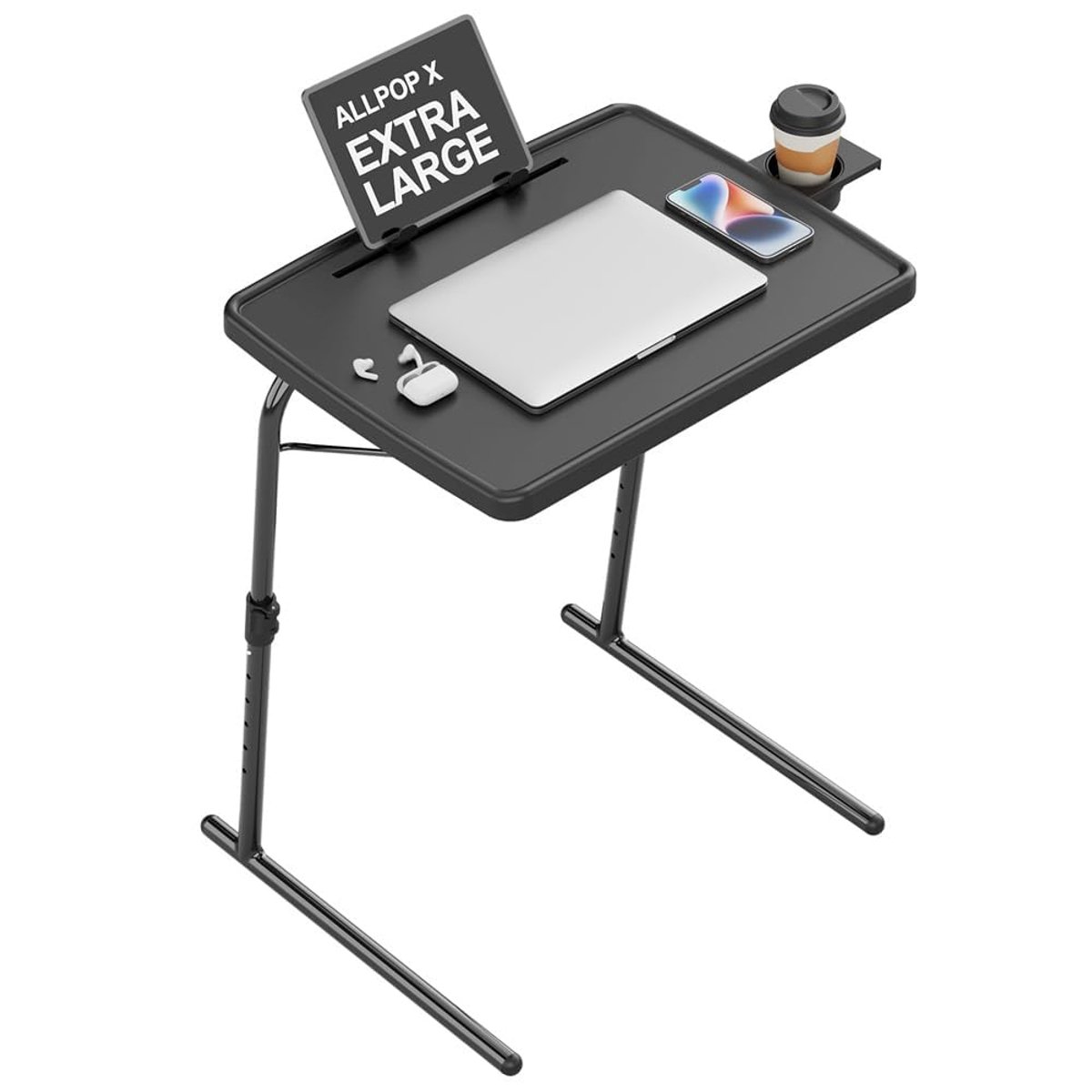 Danky Verstelbare Inklapbare Bijzettafel - In Hoogte & Hoek Verstelbaar - Met Beker- en Tablethouder - Ruimtebesparend Design Zwart