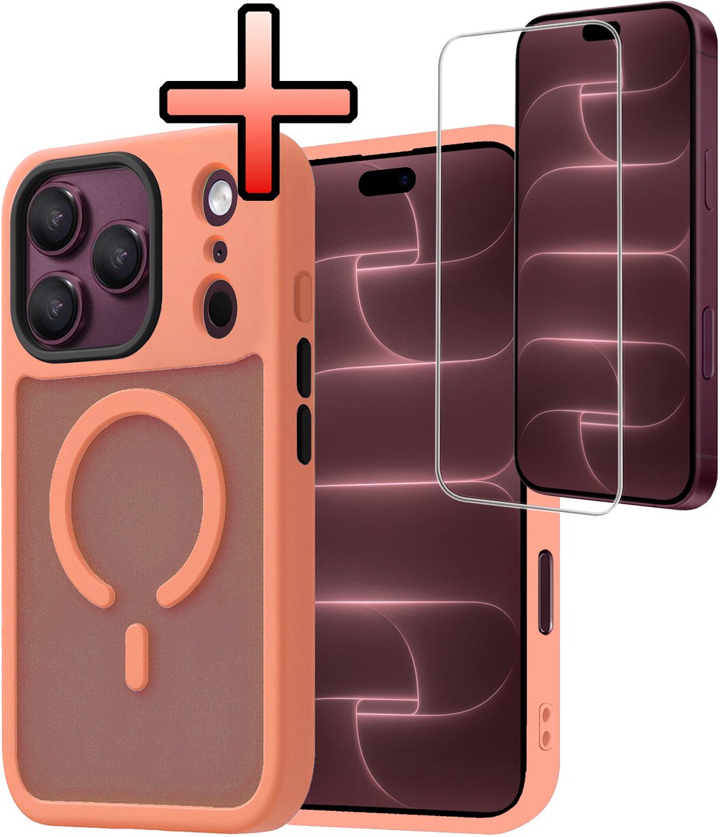 Hoesje - Met Screenprotector - Geschikt voor Apple iPhone 18 Pro - Magsafe Compatible - Sterk & Shockproof - Back Cover - Shock Proof Case - Telefoon Hoes - Perzik