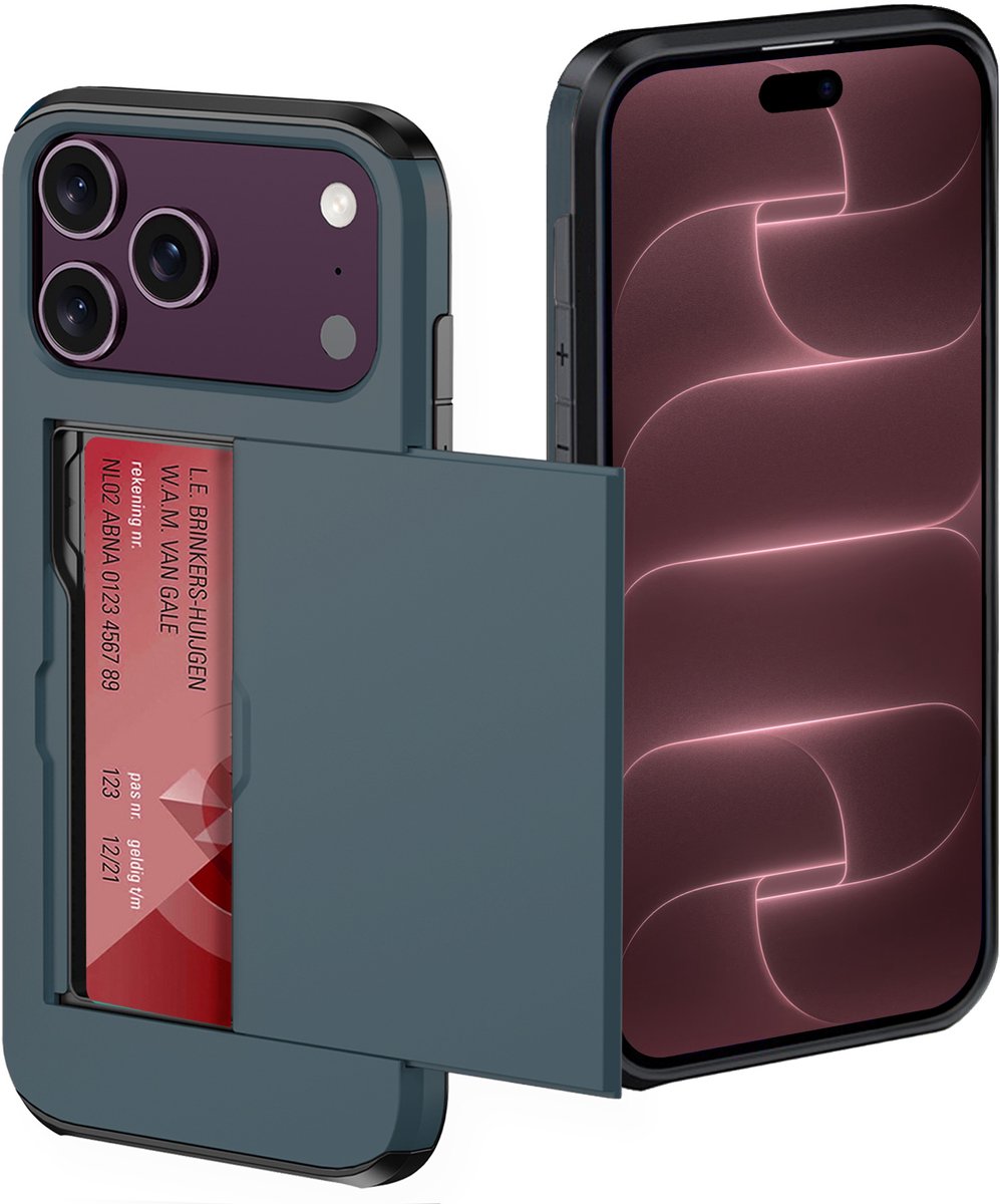 Hoes Geschikt voor iPhone 18 Pro Hoesje Pasjeshouder Hard Cover Shock Proof Hard Case Hoes Met Kaarthouder - Donkerblauw