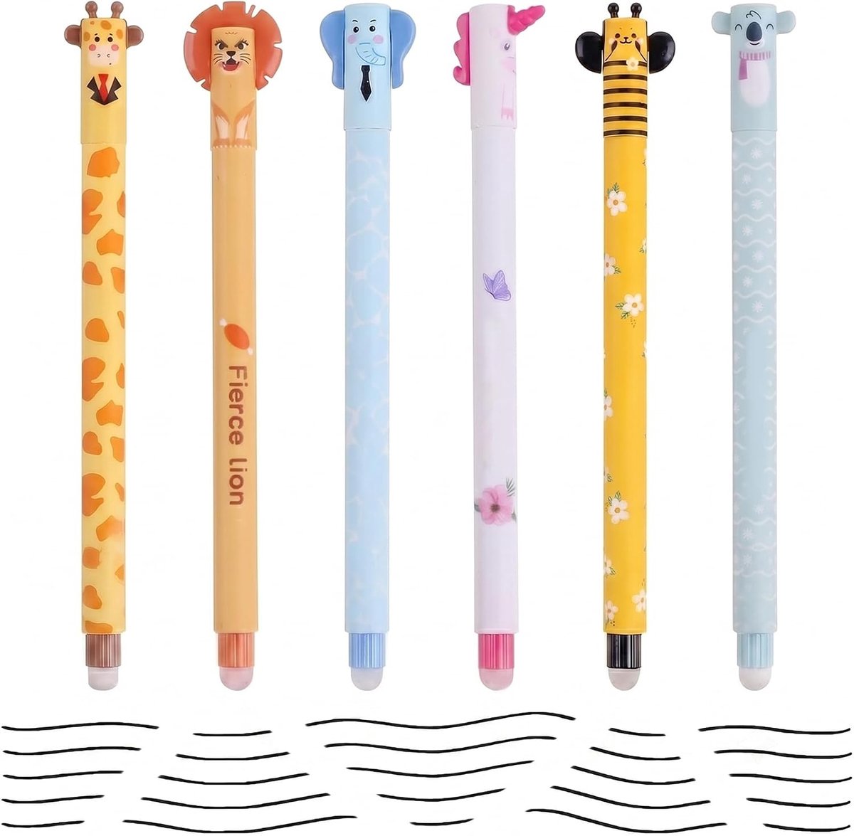 Set van 6 uitwisbare pennen voor kinderen met dierenmotieven, 0,7 mm zwarte inkt, thermogevoelige gelpen, giraffe - ShopVlot