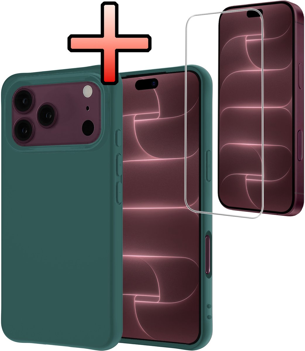 Hoesje - Met Screenprotector - Geschikt voor Apple iPhone 18 Pro - Sterk & Shockproof - Back Cover - Siliconen Case - Telefoon Hoes - Donkergroen