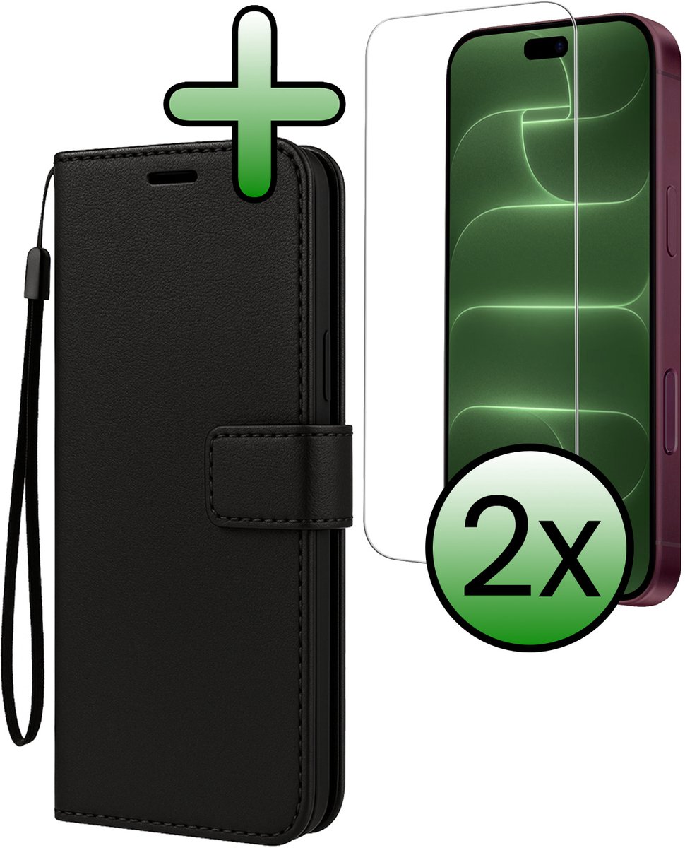 Hoesje Met 2x Screenprotector - Geschikt voor Apple iPhone 18 Pro - Luxe Pasjeshouder - Bookcase Portemonee - Flip Case - Kunstleer Book Case - Flipcase Hoes - Book Cover - Walletcase - Portemonneehoes - Zwart