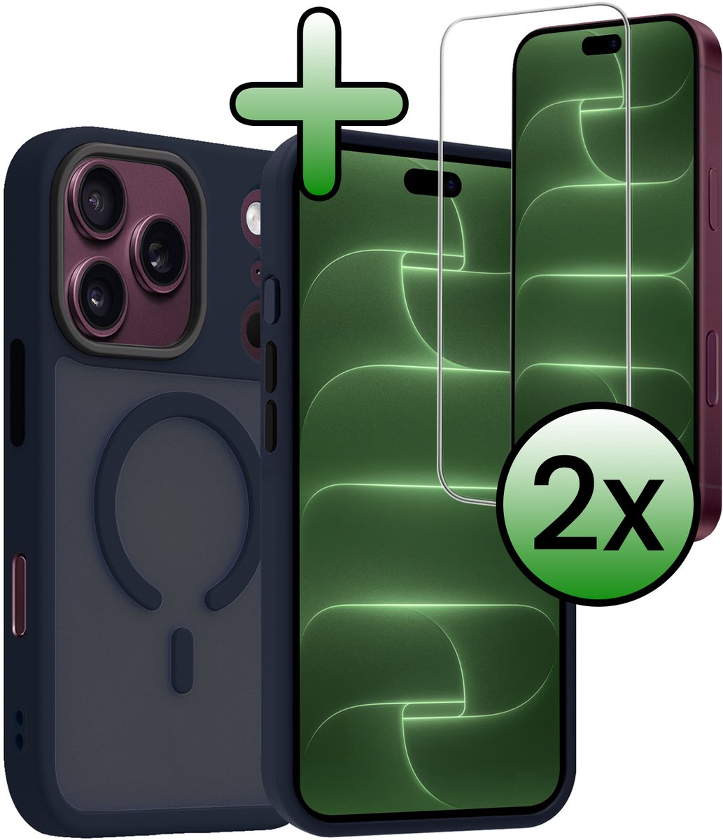 Hoesje Met 2x Screenprotector - Geschikt voor Apple iPhone 18 Pro - Magsafe Compatible - Sterk & Shockproof - Back Cover - Shock Proof Case - Telefoon Hoes - Donkerblauw