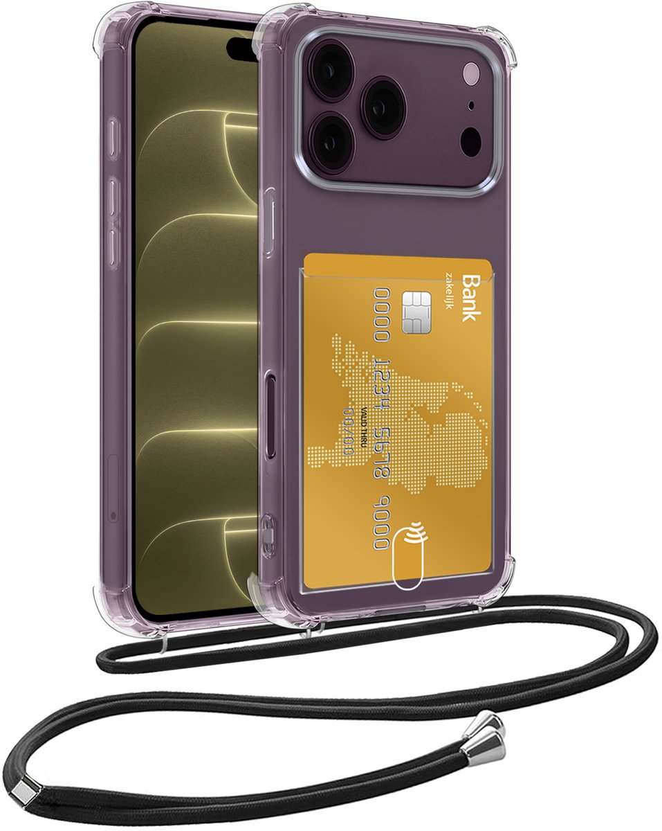Hoesje Geschikt voor iPhone 18 Pro Max Telefoonhoesje Met Koord Case Pashouder Siliconen - Hoes Geschikt voor iPhone 18 Pro Max Hoesje Met Kaarthouder - Transparant