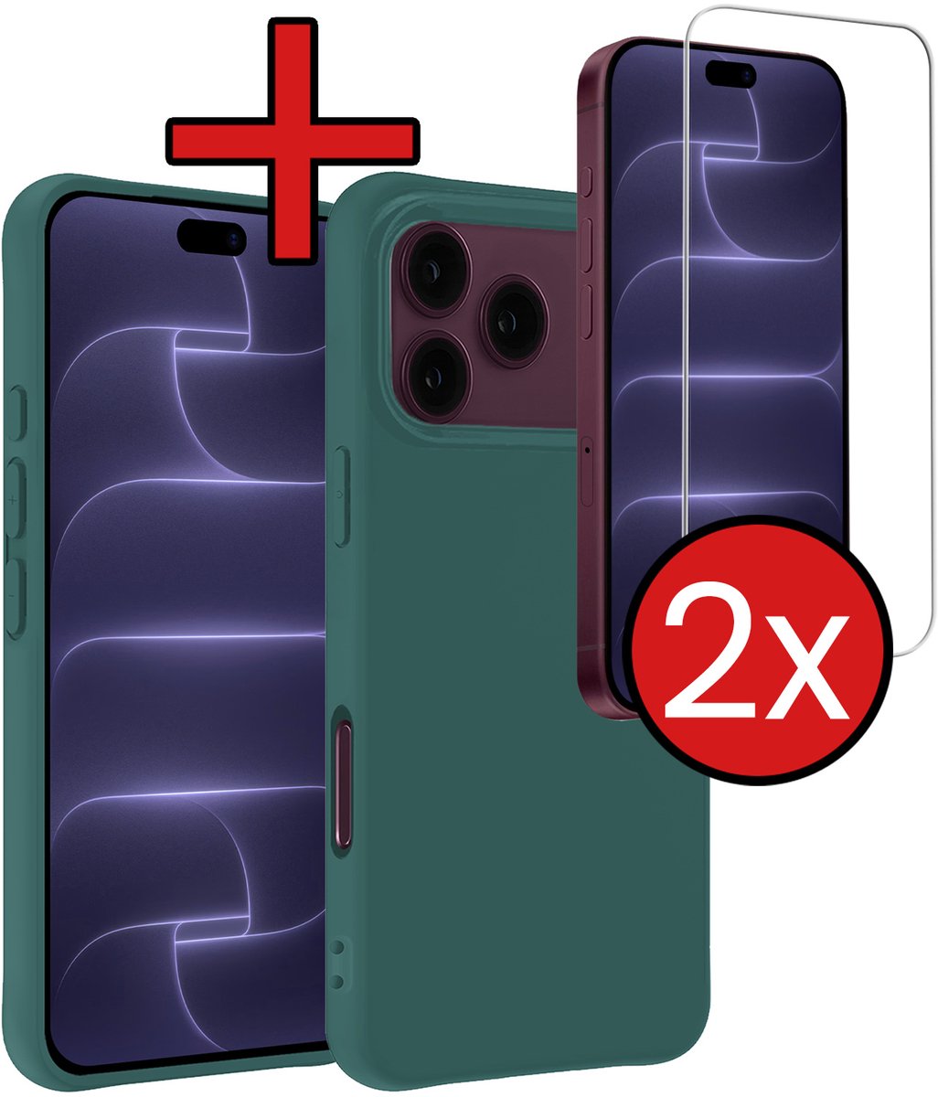 Hoesje - Met 2x Screenprotector - Geschikt voor Apple iPhone 18 Pro - Sterk & Shockproof - Telefoon Hoes - Back Cover - Siliconen Case - Telefoonhoes - Donkergroen