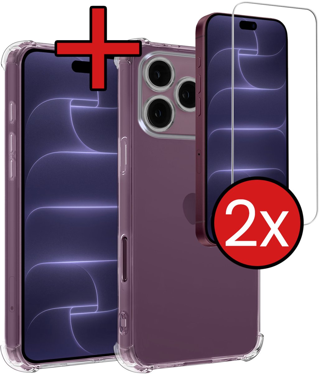 Hoesje - Met Screenprotector - 2 Stuks - Geschikt voor Apple iPhone 18 Pro - Sterk & Shockproof - Back Cover - Siliconen Case - Telefoon Hoes - Shock Proof - Telefoonhoes - Transparant