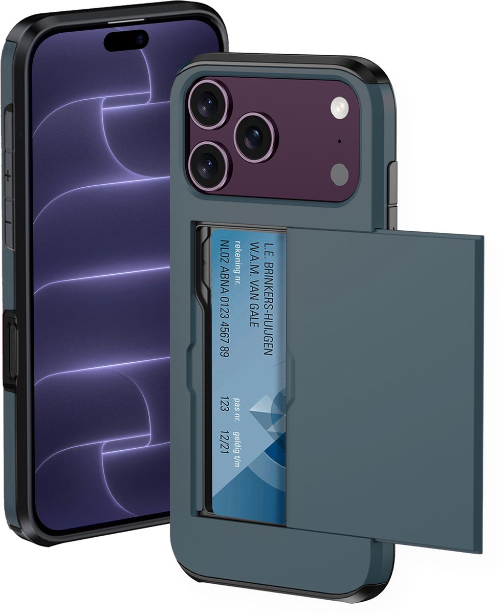 Hoesje Geschikt voor iPhone 18 Pro Hoesje Met Pasjeshouder Hard Case Met Kaarthouder - Hoes Geschikt voor iPhone 18 Pro Hoesje Pashouder Case - Donkerblauw