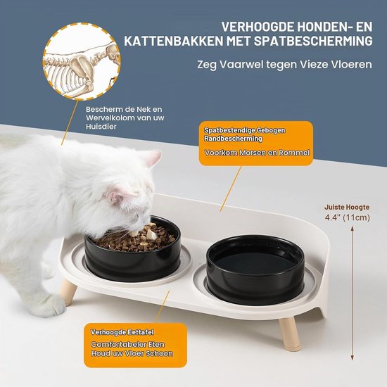 Verhoogde keramische kattenvoederbak met antislipstand en spatbescherming, set voor katten en kleine honden, 2 x 480 ml, ideaal voor comfortabel eten en drinken — afbeelding 3