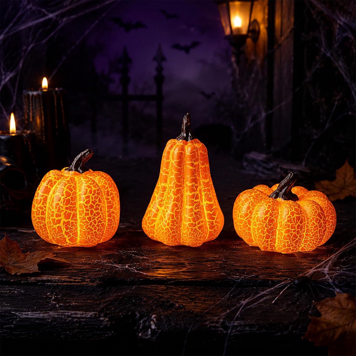 3 Stuks Halloween Decoratie Pompoendecoratie met Ledlicht Craquelé Effect - ShopVlot