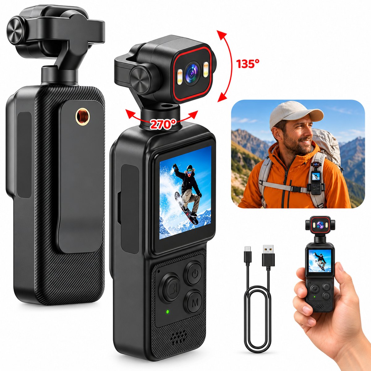 Mini Actioncamera 4K – Compacte Vlogcamera met Clip, App-bediening, 140° Groothoek en 1,54 Inch Scherm