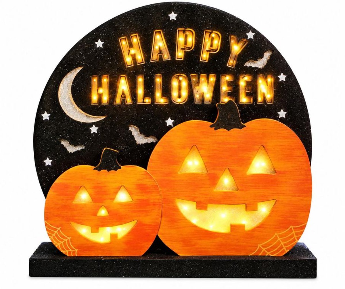 Houten Halloween Decoratie met LED Verlichting – Pompoenen & Happy Halloween – Lichtdecoratie voor Binnen