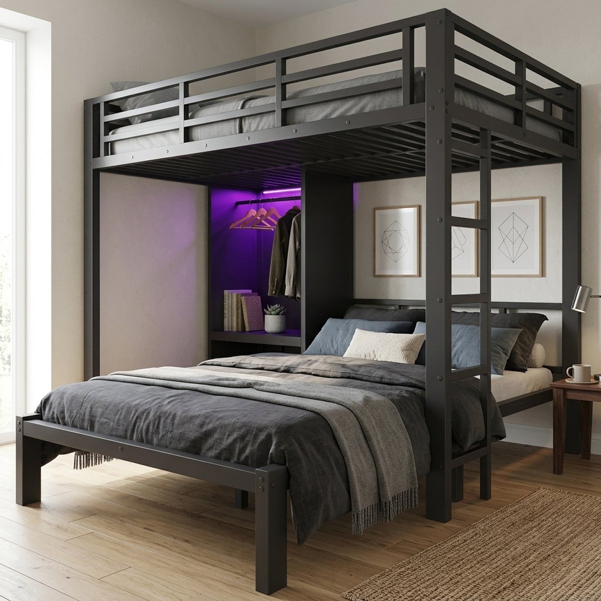 OKWISH Metalen Hoog Laag Bed 120x200 cm - Twee Slaapplaatsen Met Kledingkast en Ledverlichting - Rechte Ladder - Zonder Matras - Zwart