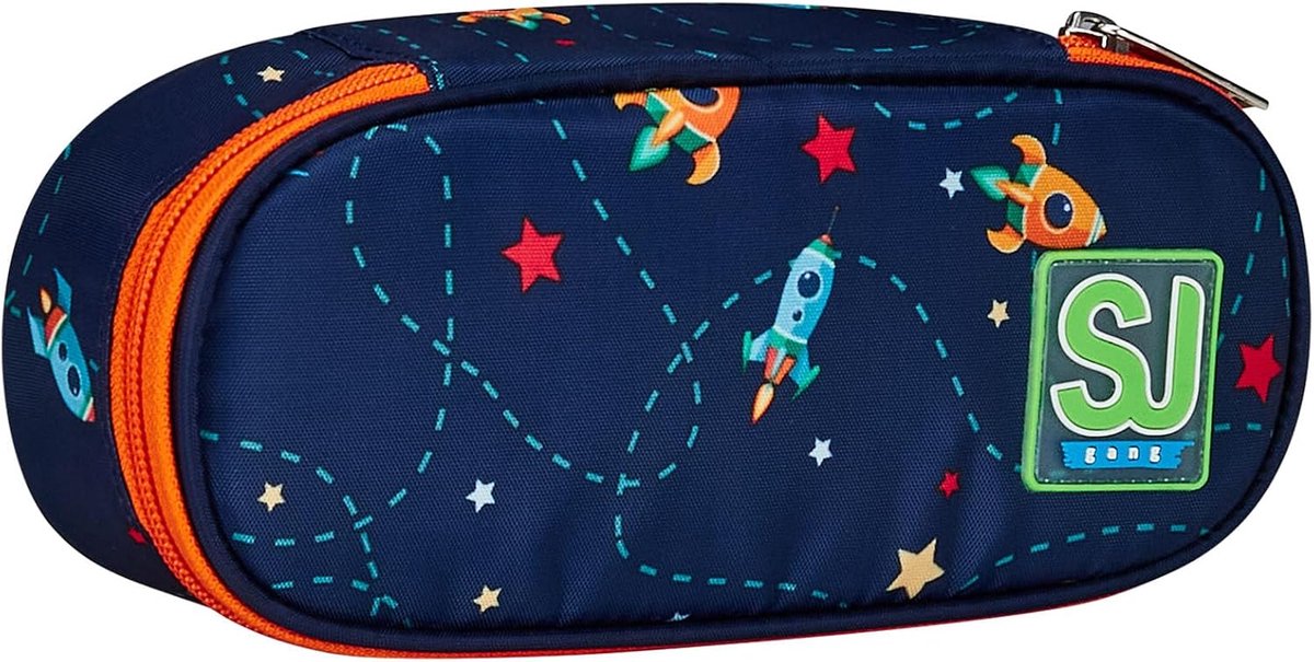 Penseelzakje rond medium - blauw - ruimteschip ontwerp - handige binnenzak en elastische pennenhouders - ShopVlot