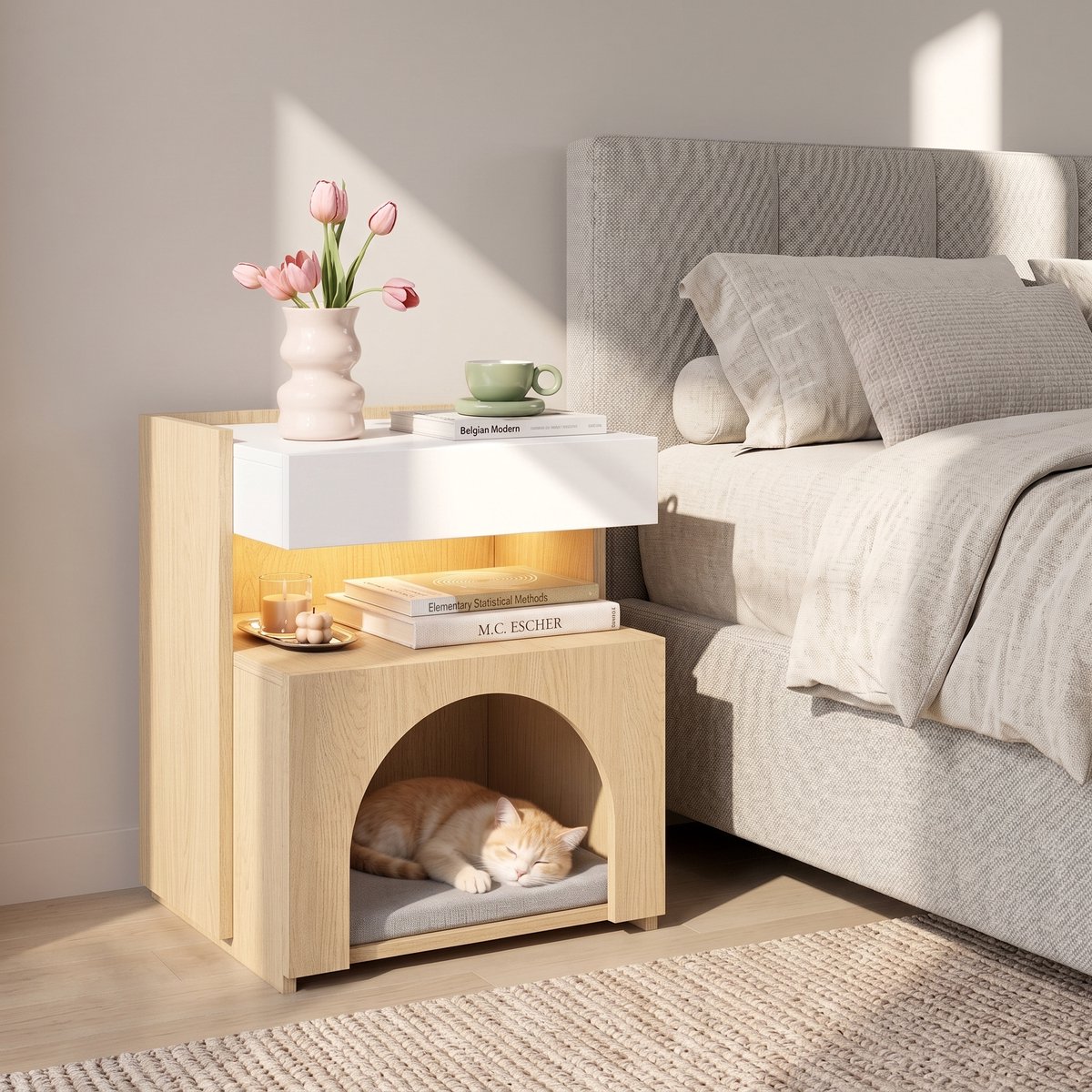 MIVRAY Bedtafel Met Kattenhol En Ledverlichting - Lade En Open Vak Voor Slaapkamer - Spaanplaat - Wit En Houtkleur - 47 x 39 x 58 Cm