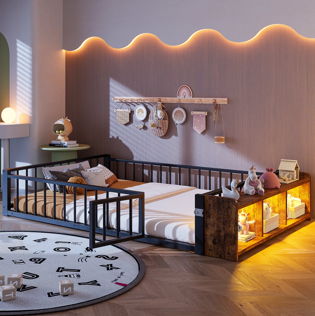 WUVRIE Kinderbed 140 x 200 cm met uitvalbeveiliging, open opbergvak en LED-verlichting, zwart