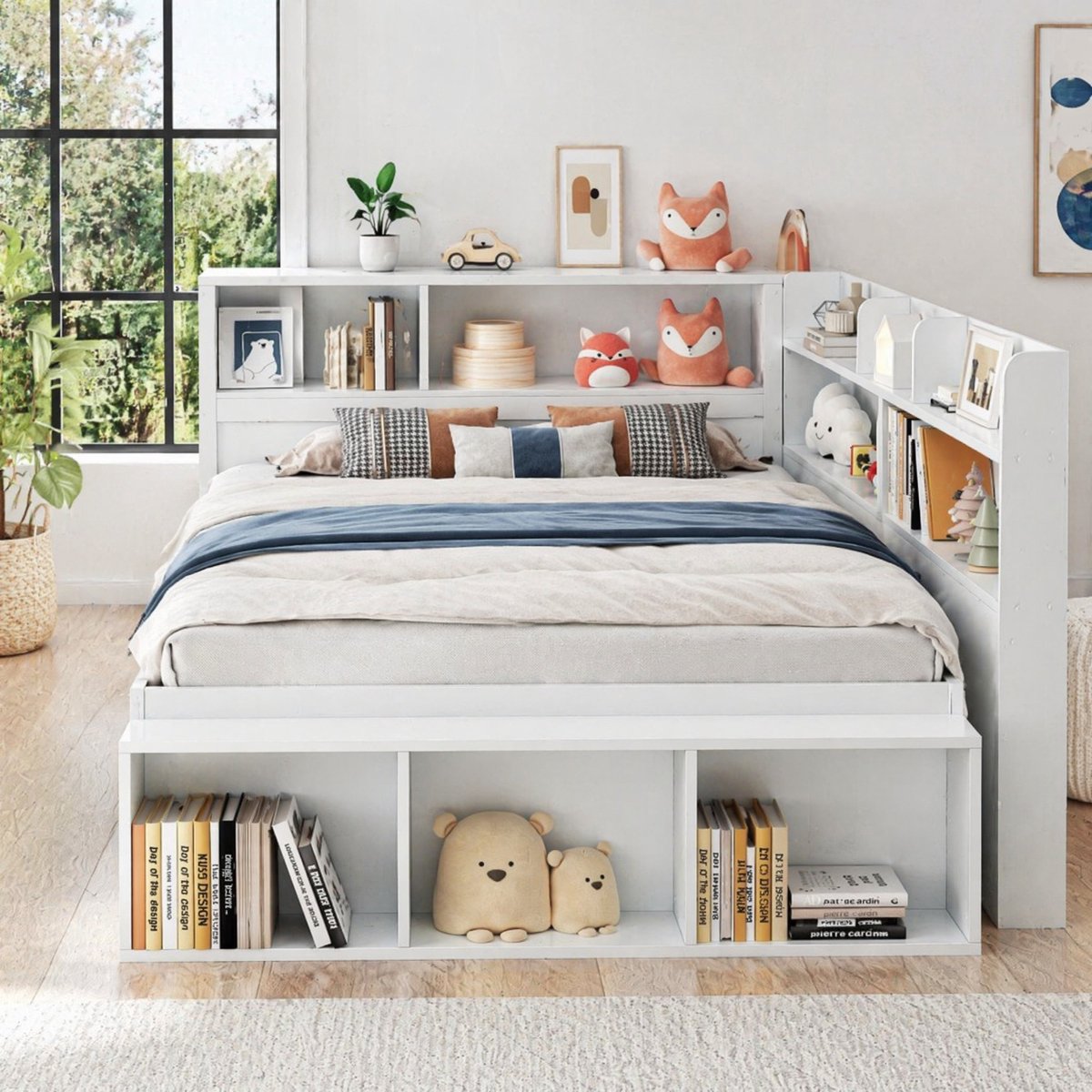 WUVRIE Kinderbed 140x200 cm met lade, boekenrek, opbergkasten en lattenbodem, wit
