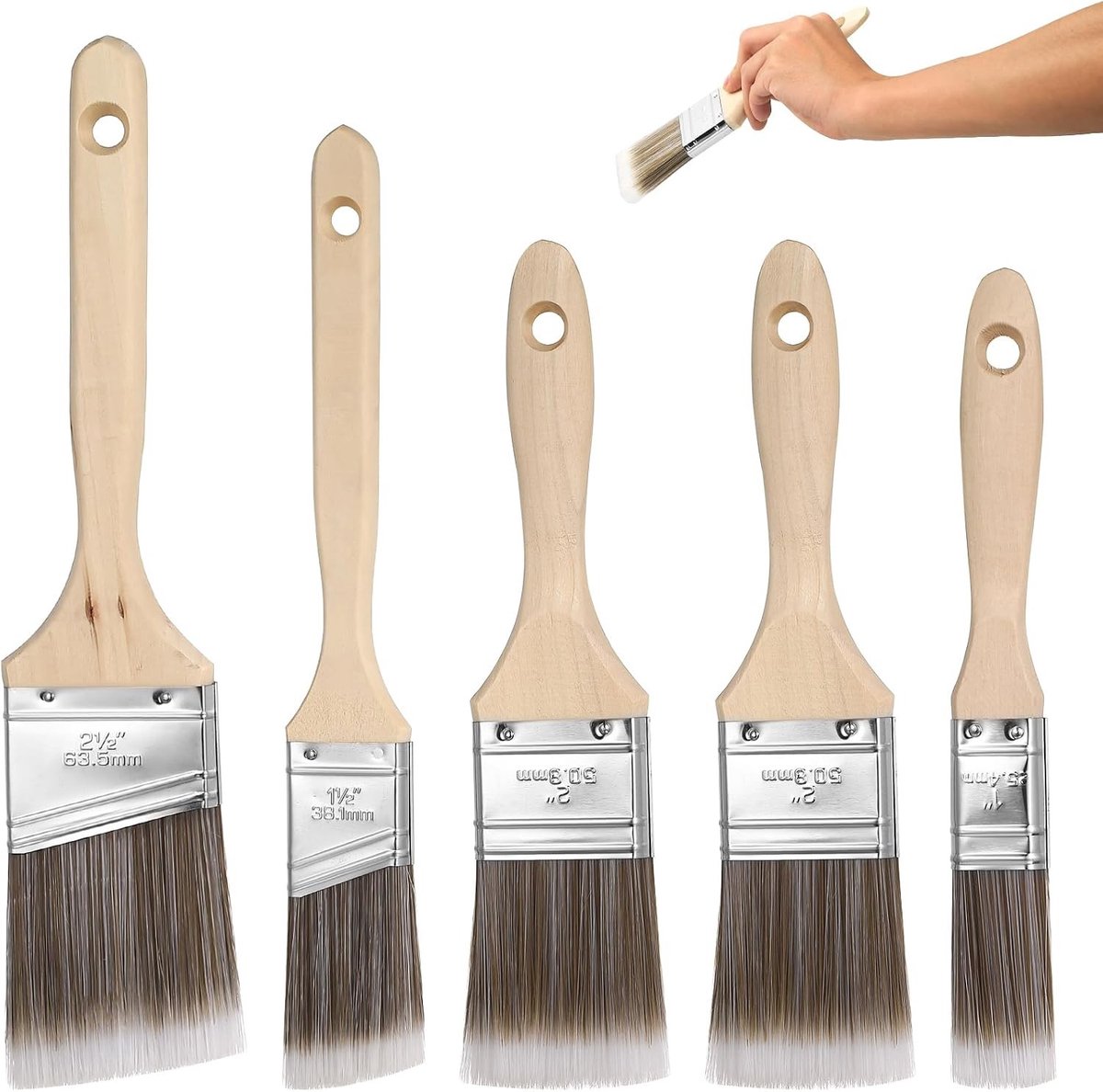 Set van 5 Houten Verfkwasten voor Decoratie en Meubelschilderen, Ideaal voor Muren, Hekken en Raamkozijnen