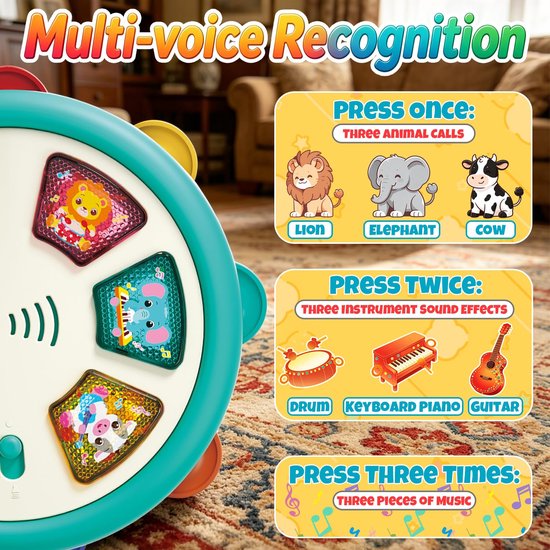 Baby Muziek Speelgoed - Interactieve Handtrommel met Licht en Geluid - Baby Speelgoed - Educatief Speelgoed - Sensorisch Speelgoed - voor peuters 6-12 maanden - Reisspeelgoed — afbeelding 3