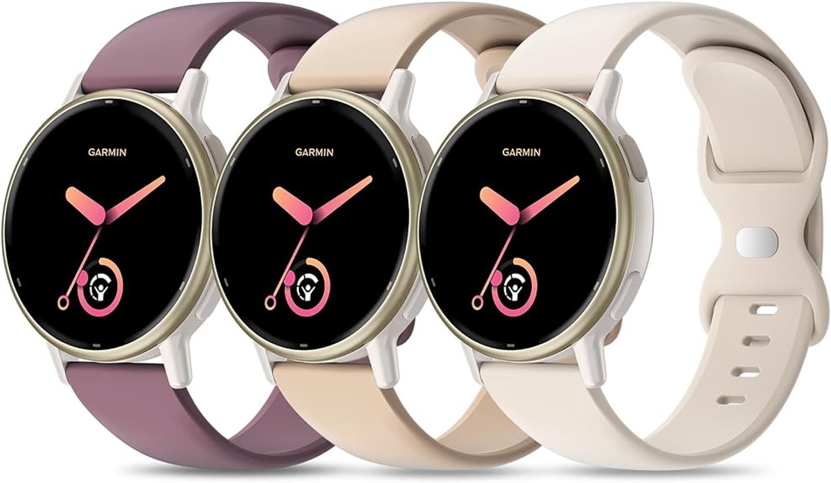 Garmin horlogeband 20mm - Drie reservebandjes - Siliconen sportarmband - Vivoactive 5 compatibel - Venu modellen geschikt - Verstelbare vlindergesp - Licht waterdicht materiaal - 3 stuks - Paars/beige/creme - Pols 130-205 mm