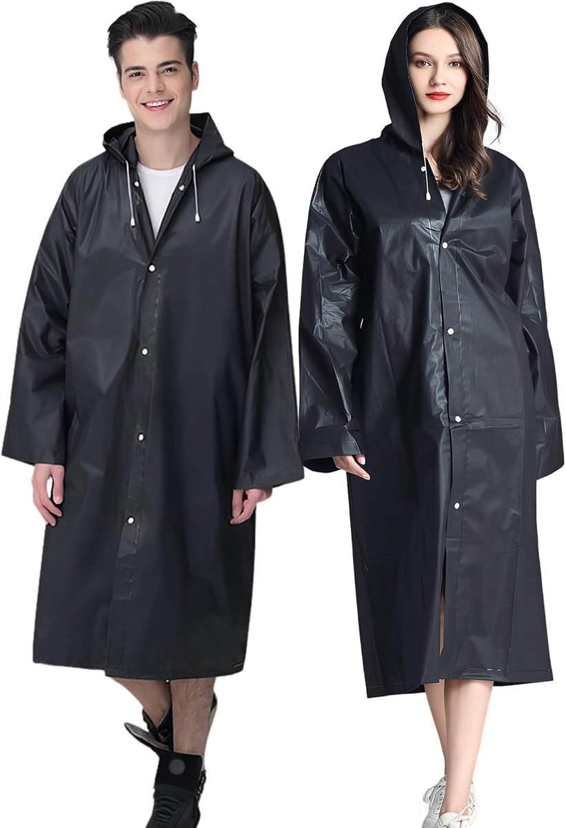 Regenponcho volwassenen - Regenjas dames heren - Waterdichte regencape lang - Poncho met capuchon - Herbruikbaar EVA materiaal - Voor wandelen en fietsen - Zwart - 2 stuks 150x70 cm