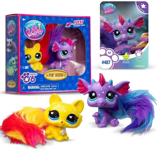 Set 'Pet Pairs' Littlest Pet Shop avec un chat jaune et un dragon violet. L'ensemble comprend également une carte de jeu du dragon violet.