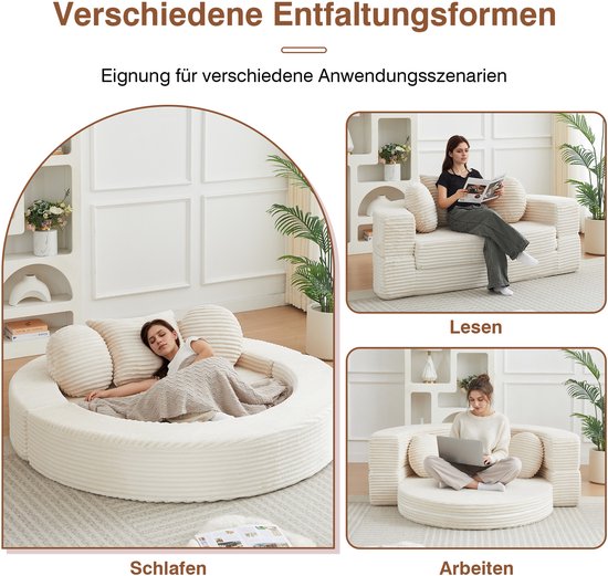 Modulaire beige ribfluwelen bank in verschillende configuraties: slapen, lezen, werken.