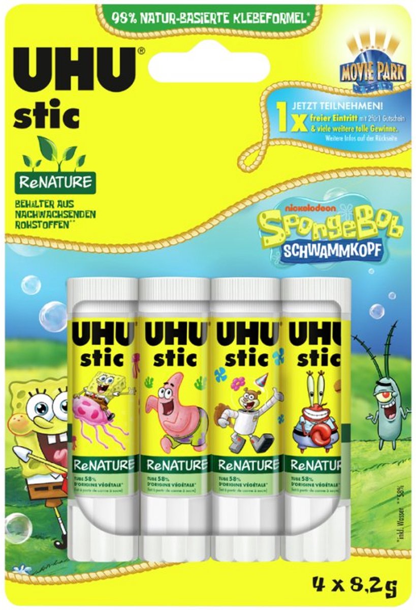 UHU lijmstift ReNATURE SpongeBob, oplosmiddelvrij, 2 x 21 g