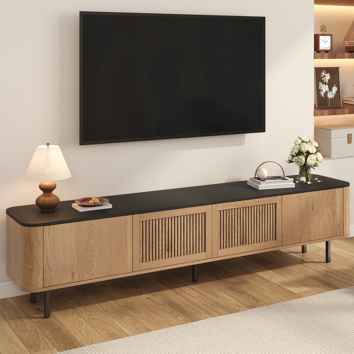 MODFU TV-Meubel - Roosterdeuren En Opbergvakken - Zwart En Eikenkleur - 190 x 35 x 45 cm
