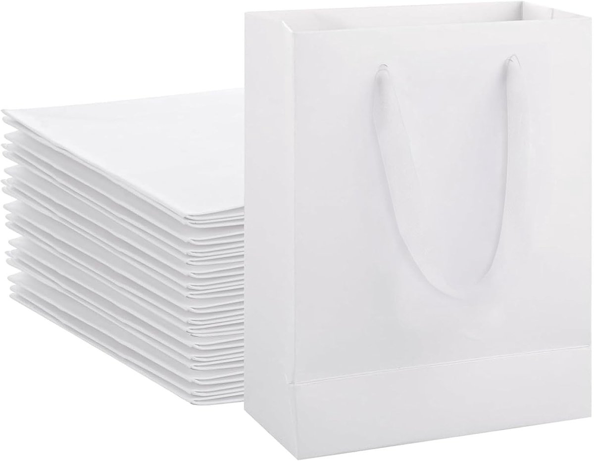 20 papieren cadeauzakjes met handvat, 20 x 10 x 28 cm, ideaal voor bruiloften, verjaardagen en feesten, duurzaam kraftpapier, witte cadeauverpakkingen voor elk evenement