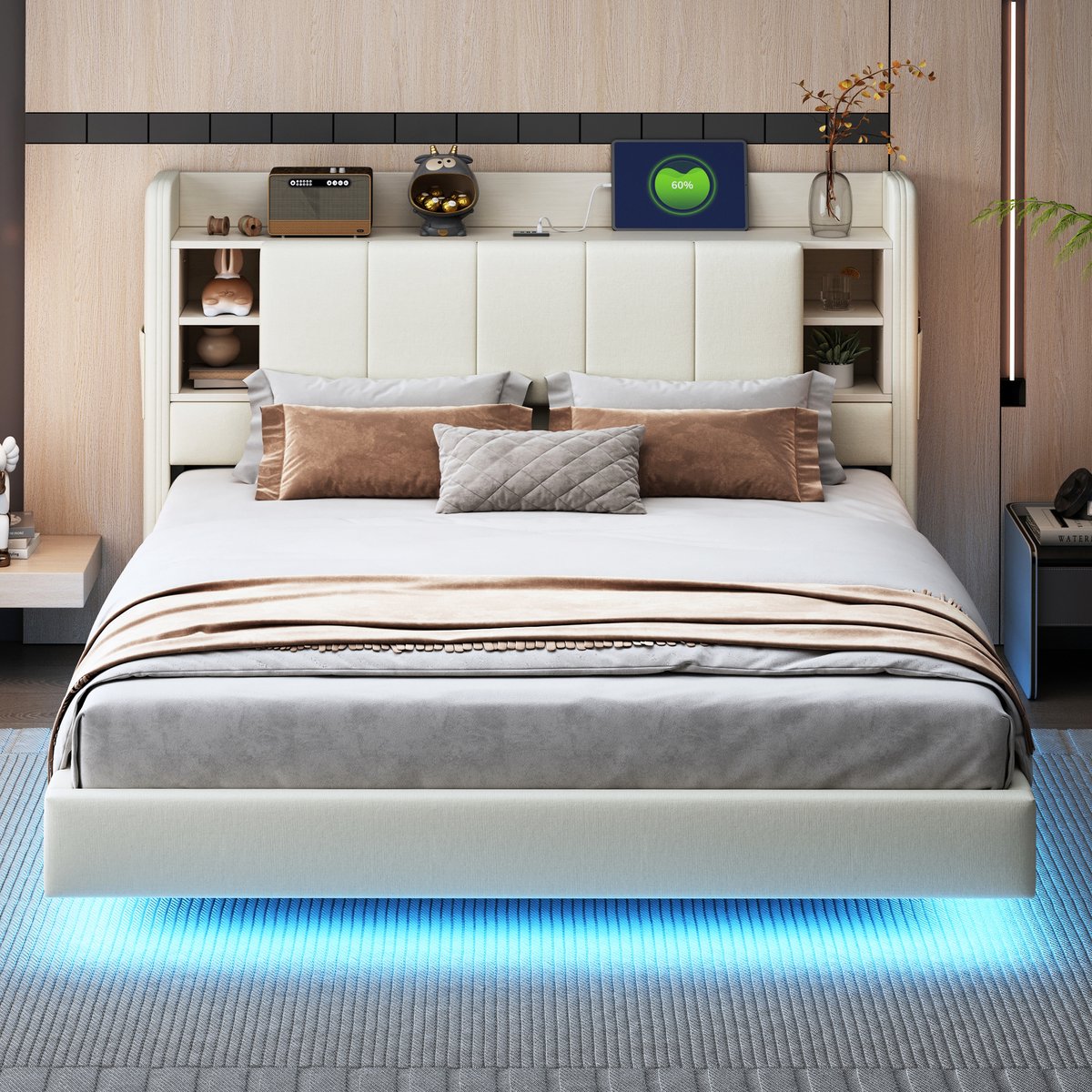 AURA LUMEN Gestoffeerd bed Tweepersoonsbed 160 x 200 cm met LED-lichtlijn en USB-aansluiting wendbaar hoofdbord met opbergvakken beigekleurig
