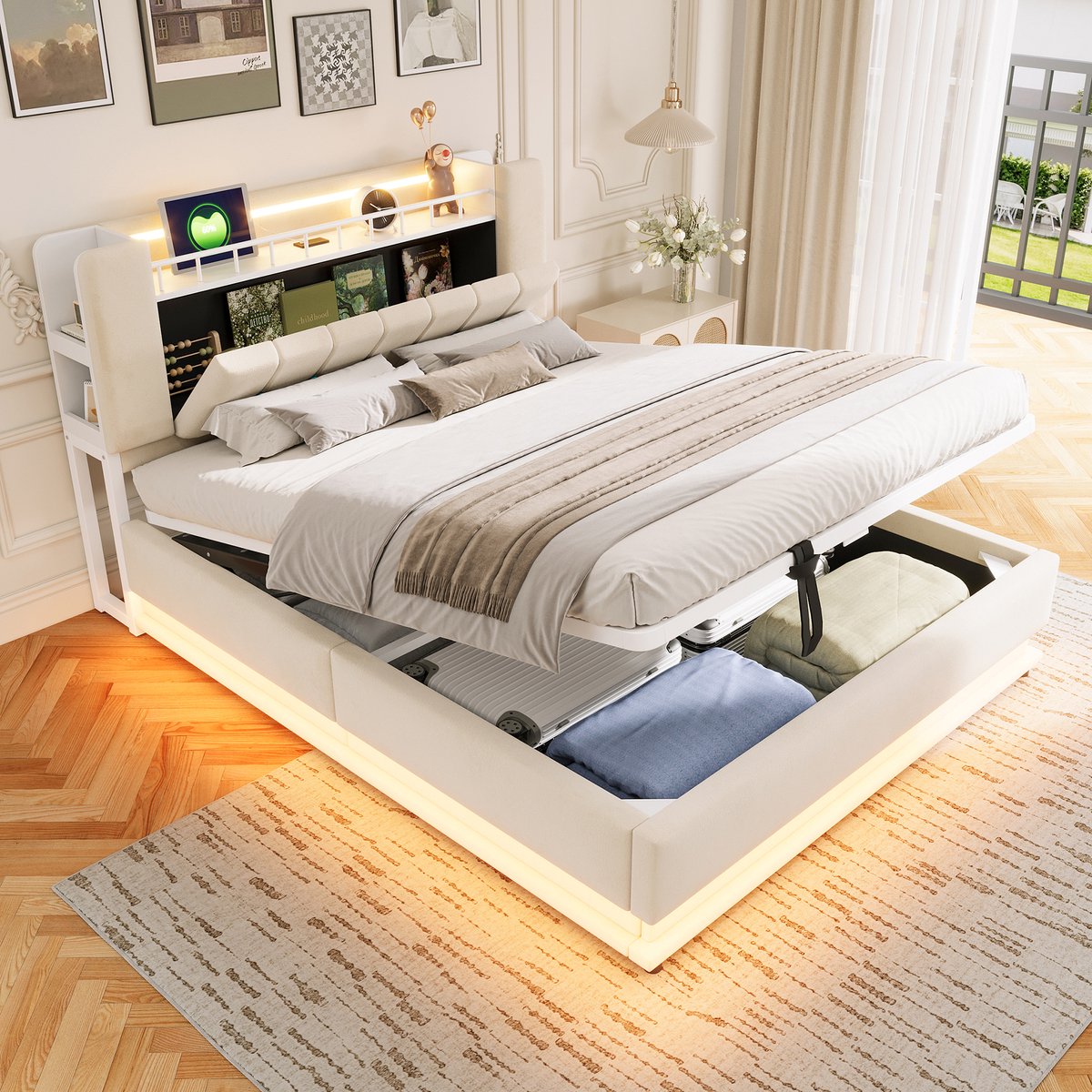AURA LUMEN Gestoffeerd bed-Tweepersoonsbed-160 x 200 cm-LED-verlichting-USB-aansluiting-hydraulisch opbergbed-beige