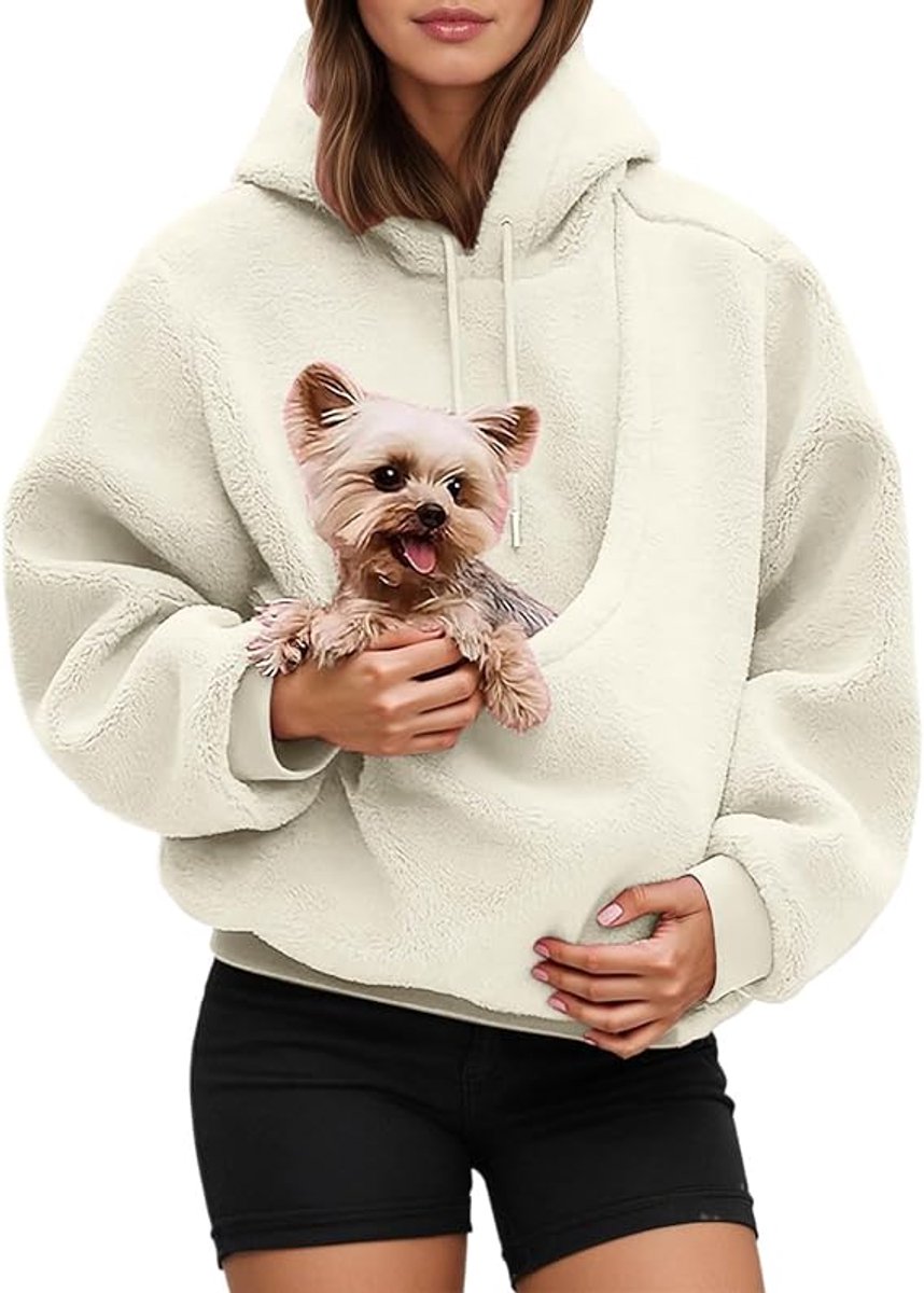 Dames Pet Pouch Hoodies - Oversized Fleece Sweatshirt - Puppy Kitten Kattenhouder Draagtassen Hoodies - Kangoeroezak - Hoodies met zakje voor huisdieren - 1 stuk - Wit(XL)
