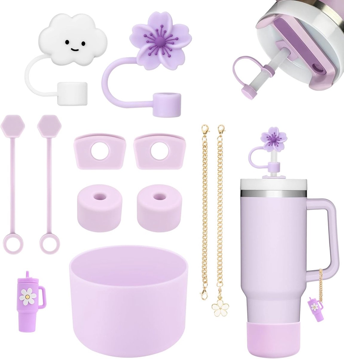 Stanley Cup accessoires - Lekbescherming beker pakket - Rietjesafdekking met hangers - Siliconen bodembeschermer onderzijde - Herbruikbaar en afwasbaar - Elfdelige complete beschermset - Lila/roze - Geschikt 850-1200 ml