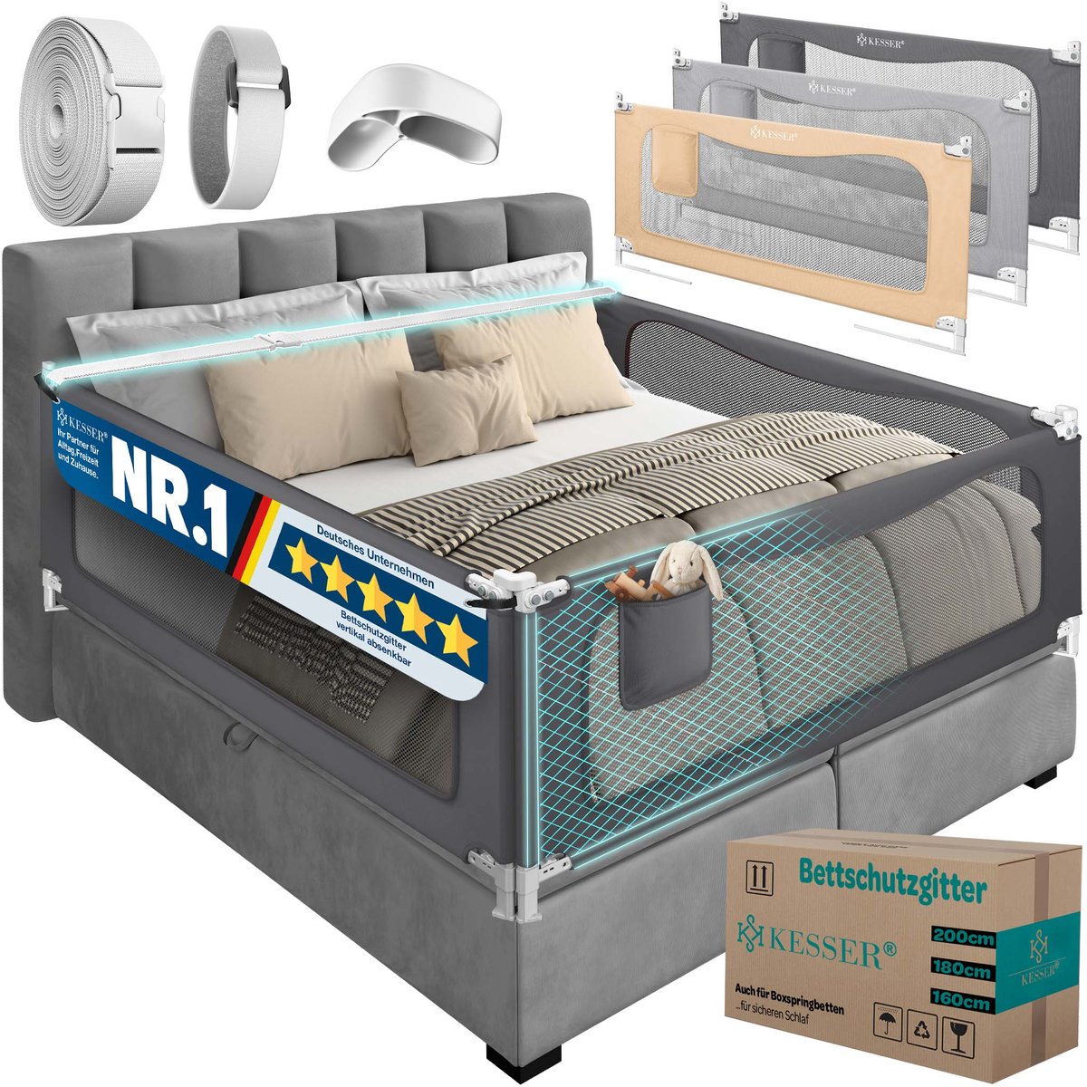 KESSER® Bedhekje - Valbeveiliging voor boxspring- en kinderbedden - In hoogte verstelbaar - Beige 200 cm