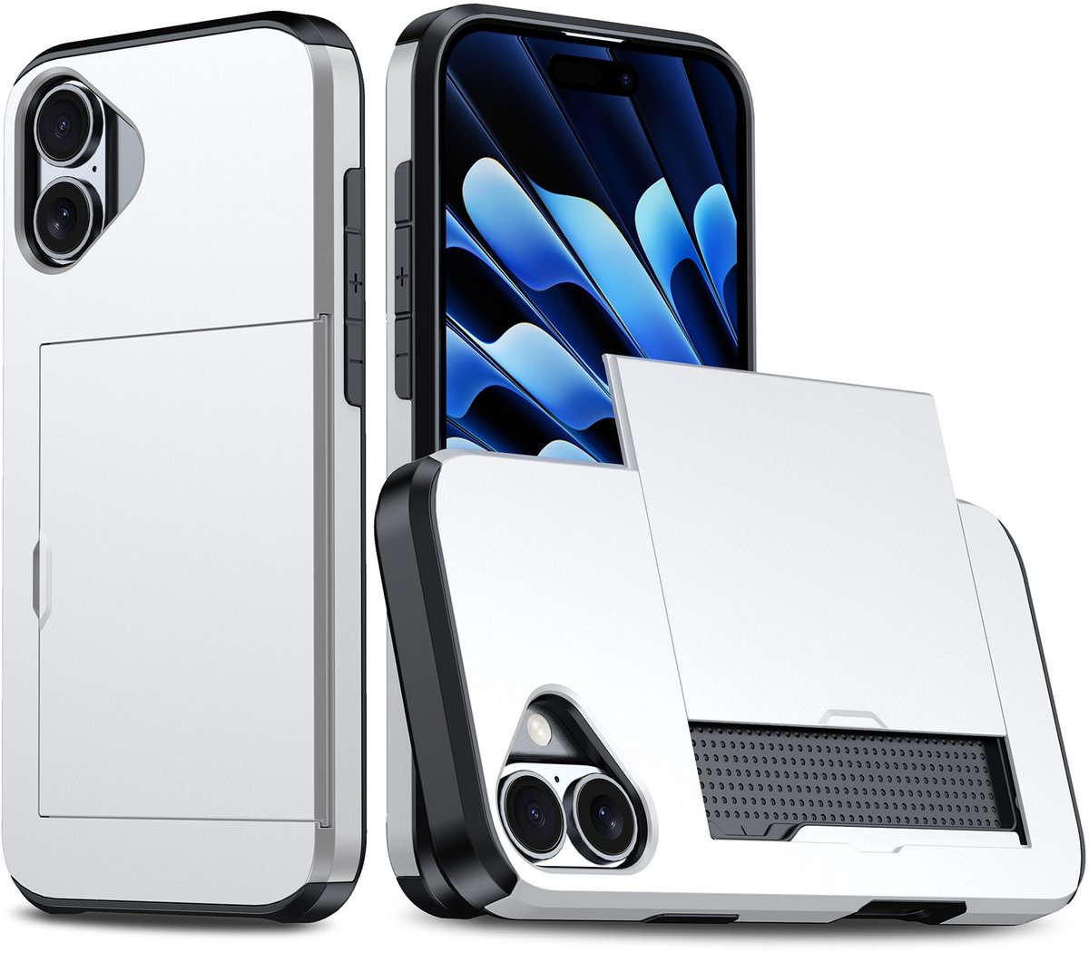 Shockproof Armor Case voor de Apple iPhone 16 met Kaartslot - Zilver