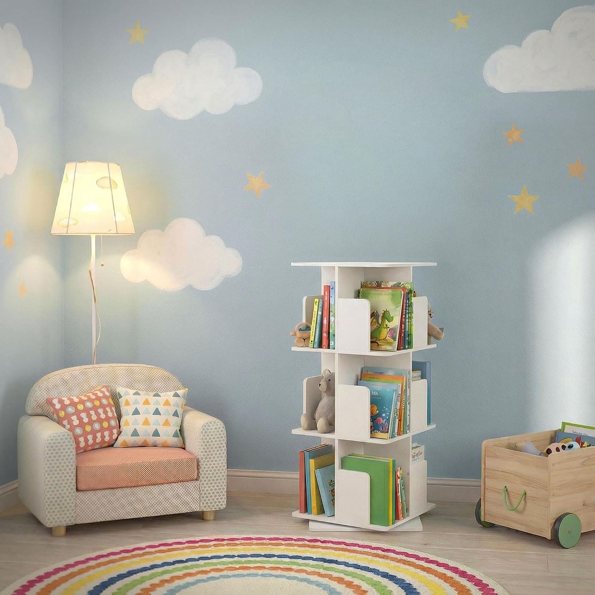 Draaibare Kinderboekenrek 3 Niveaus 12 Vakken Wit 40x94x40 cm Vrijstaand Speelgoed Opbergruimte 360 Graden Rond Draaiend Decoratief Meubel Kinderkamer Woonkamer Kantoor Speelkamer Opbergkast
