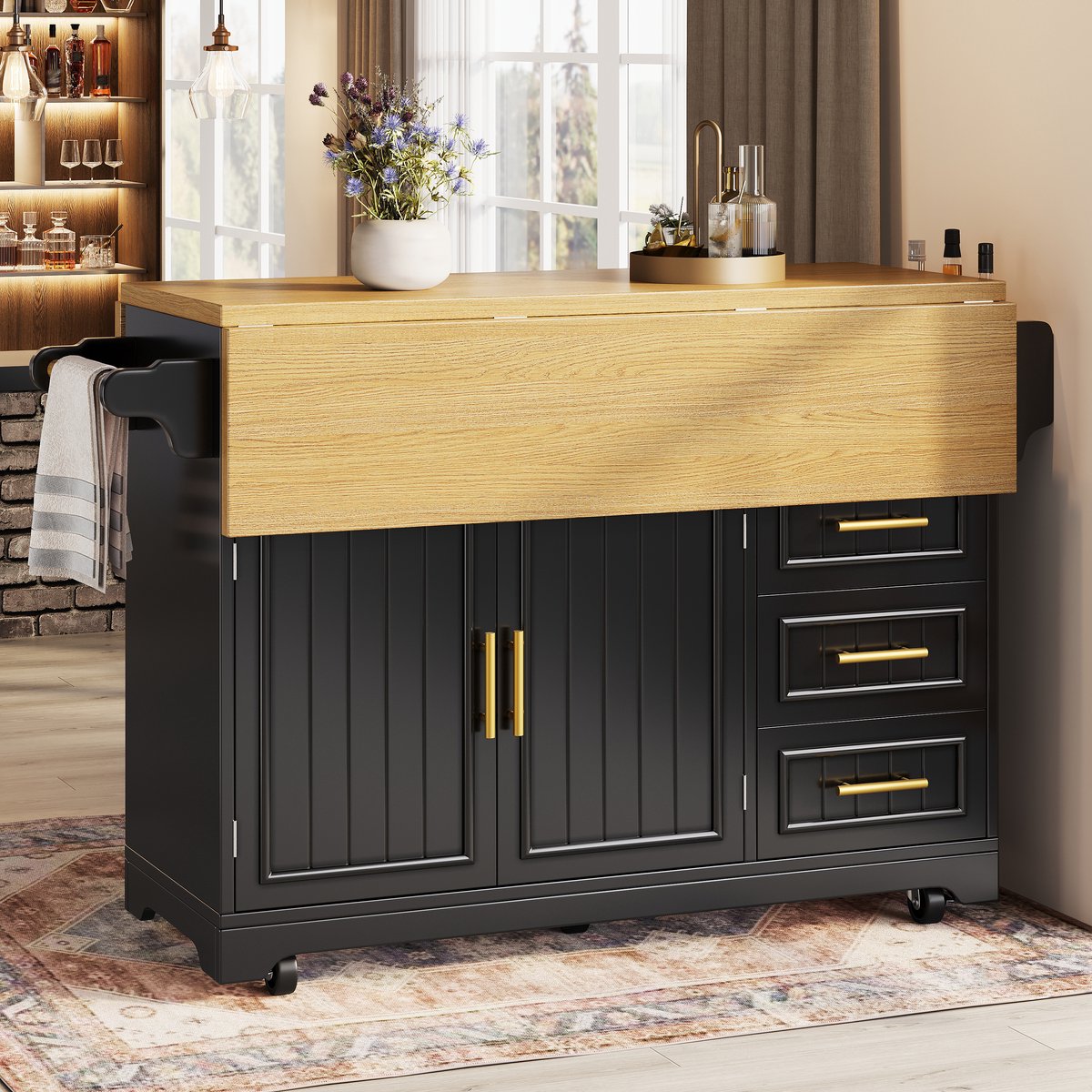 MIVRAY Keukenkast - Verrijdbaar Met Uitklapbaar Werkblad En 3 Lades - Voor Keuken En Eethoek - MDF - Zwart - 120x40x95 Cm