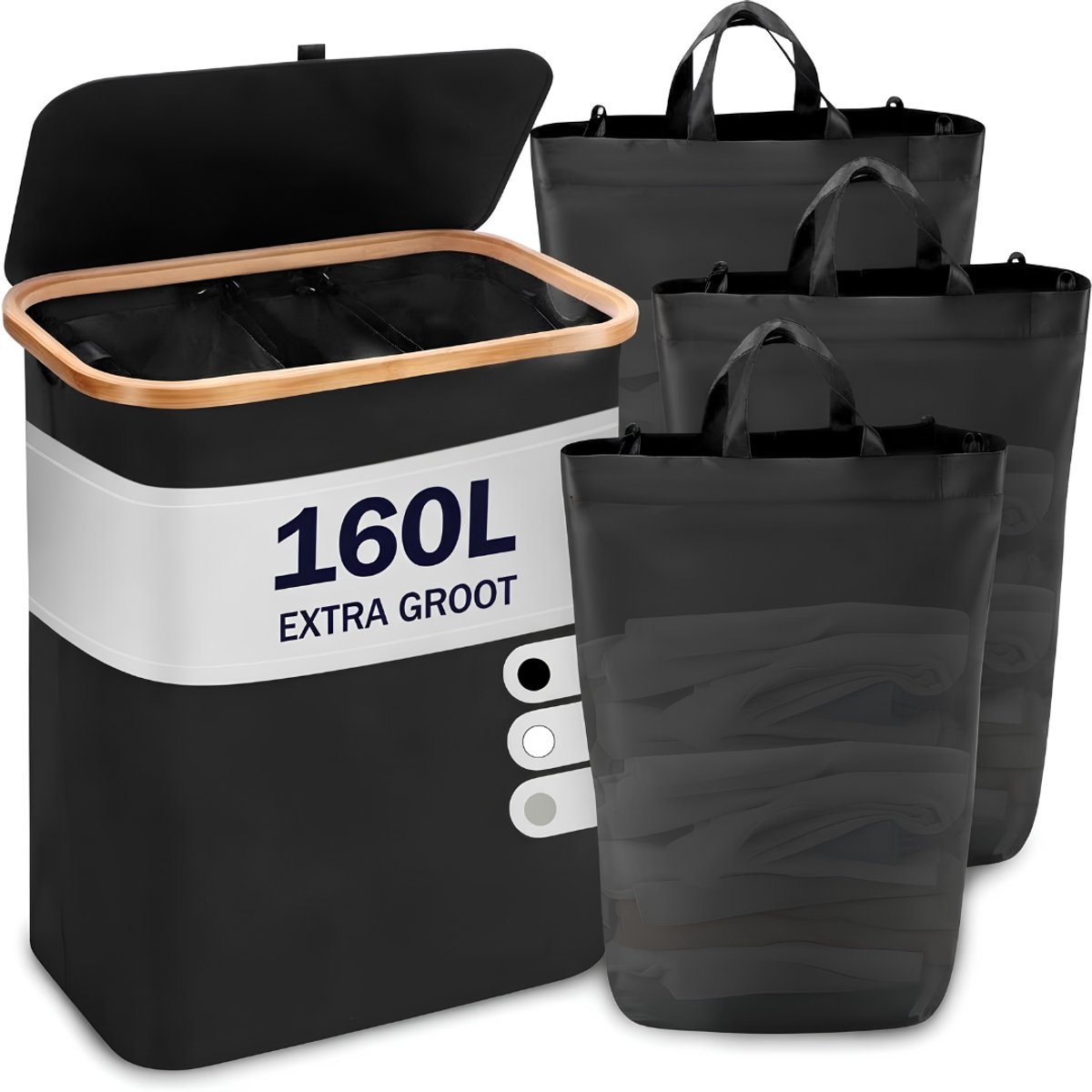 KLS® Wasmand 3 Vakken - Wasmand - Wasmanden - Zwart - 37cm x 74cm x 57cm