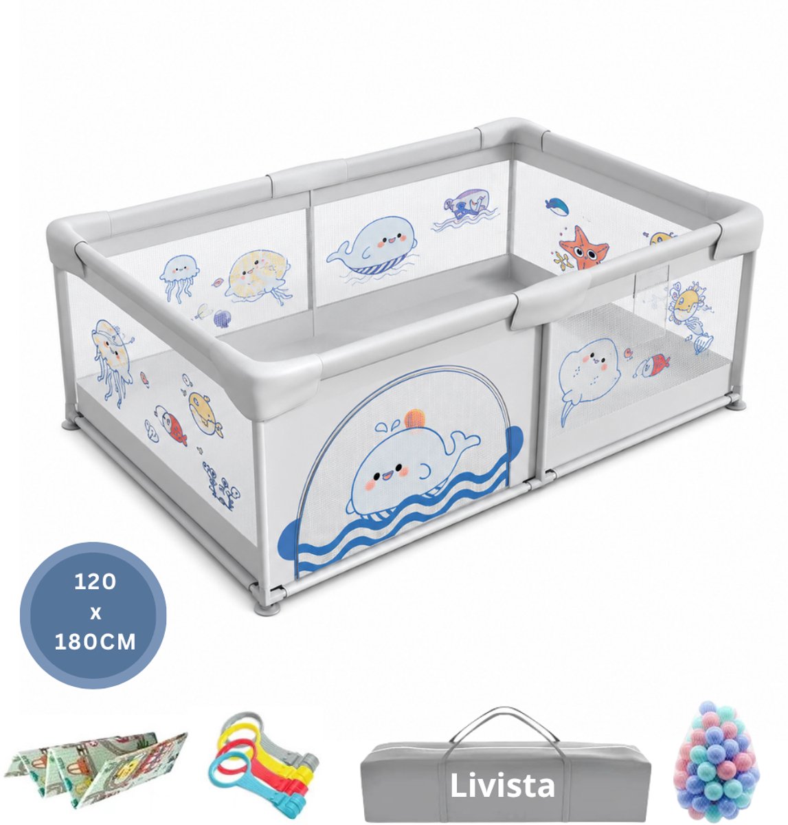 Livista Grondbox Baby - Binnenmaat 120x180cm - Inclusief Kruipmat - Met 60 Speelballen, 4 Trekringen - Met Walvisthema - Kinderbox - Speelbox - Playpen - Met Draagtas - Grijs