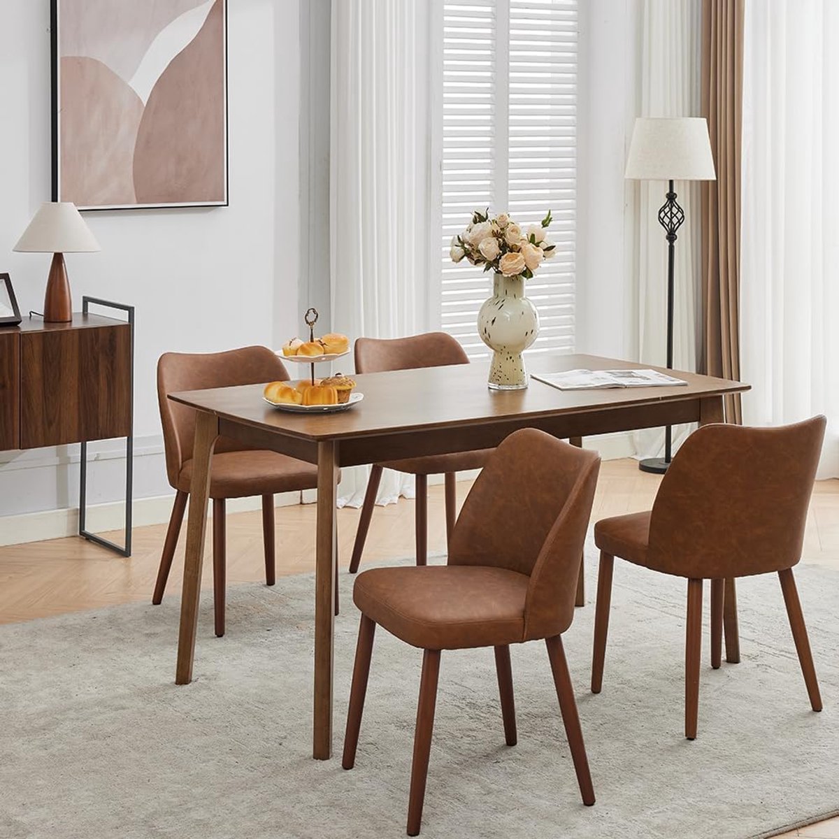 Eetkamerstoelen Set van 4 - Bruine Stoelen met Wing Backrest Houten Poten