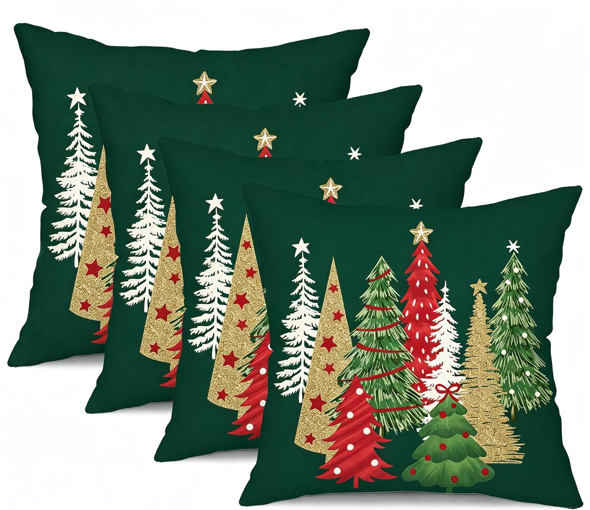 4 Pcs groene decoratieve kerst‑kussenhoezen 45x45 cm (18x18 inch) met kerstboommotief - winterse kerstdecoratie voor huis en bank