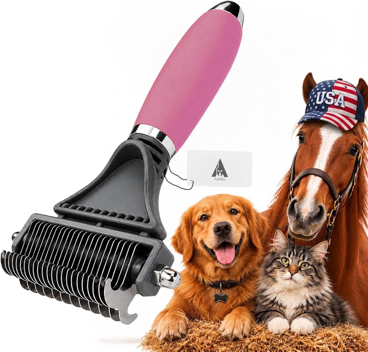 Achilles® Premium 2-in-1 Vachtborstel voor Hond, Kat & Paard – Dubbelzijdige Onderwol Kam & Klittenborstel