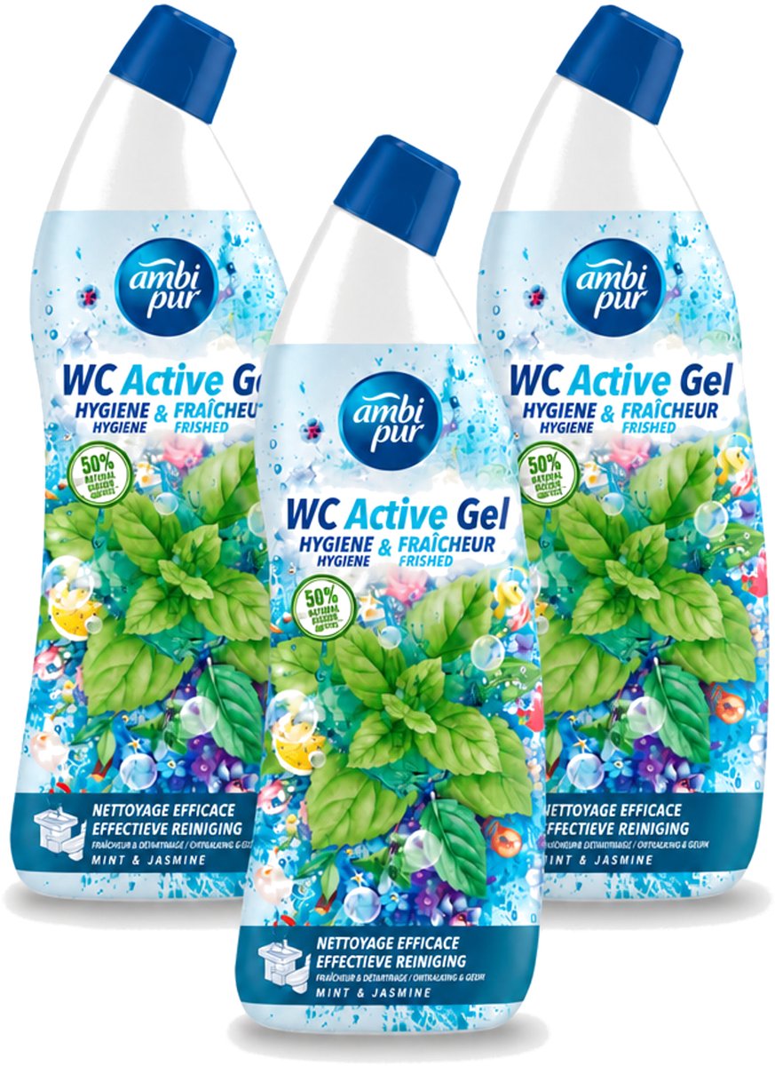 3 x Ambi Pur - Toiletreiniger - WC Active Gel - Mint & Jasmijn - 750 ml - Voordeelverpakking - 3 stuks
