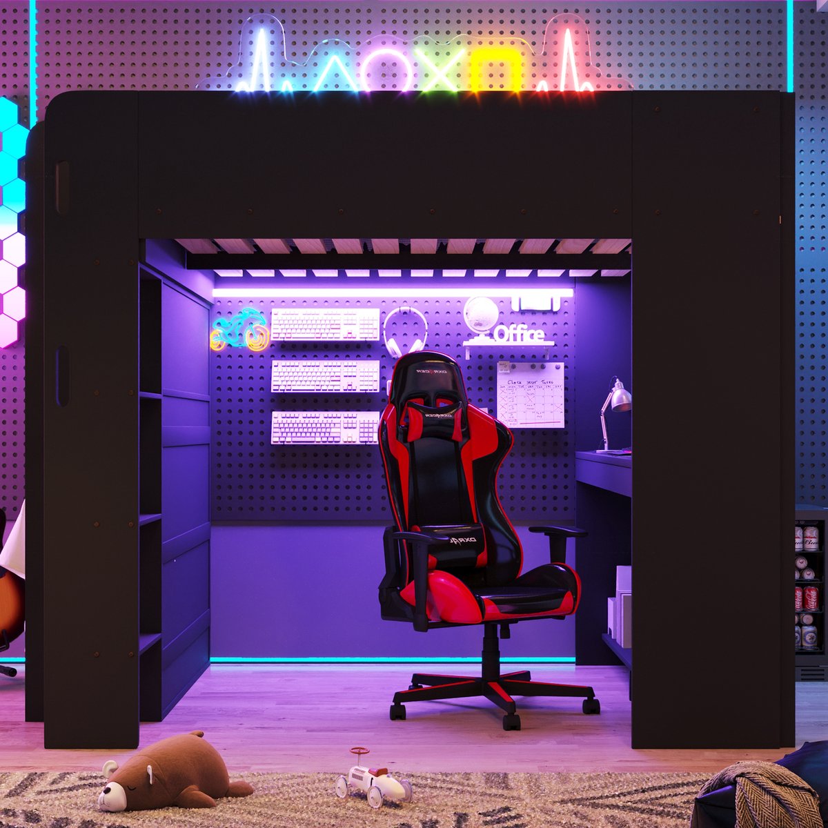 MIVRAY Hoogslaper 140x200 Cm - Met Bureau, Kledingkast, Opbergruimte, Ledverlichting En Usb-Laadpoort - Zonder Matras - MDF - Zwart