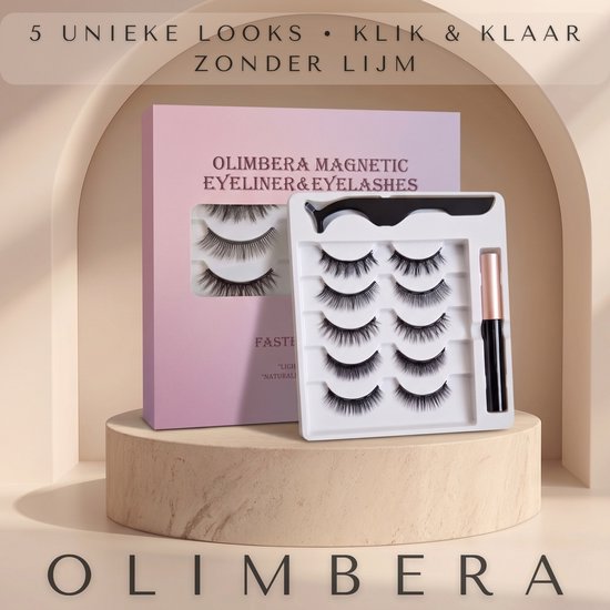 Doos met 5 paar magnetische wimpers, applicator en eyeliner op een roze standaard.