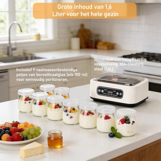 FOSMET Yoghurtmaker - Automatische Yoghurtmachine - Yoghurtautomaat 1.36 liter met 9 potten - Met Timer en Instelbare Temperatuur - OLED Display - Voor zelfgemaakte yoghurt, natto,rijstwijn of andere gefermenteerde producten - Wit — afbeelding 5
