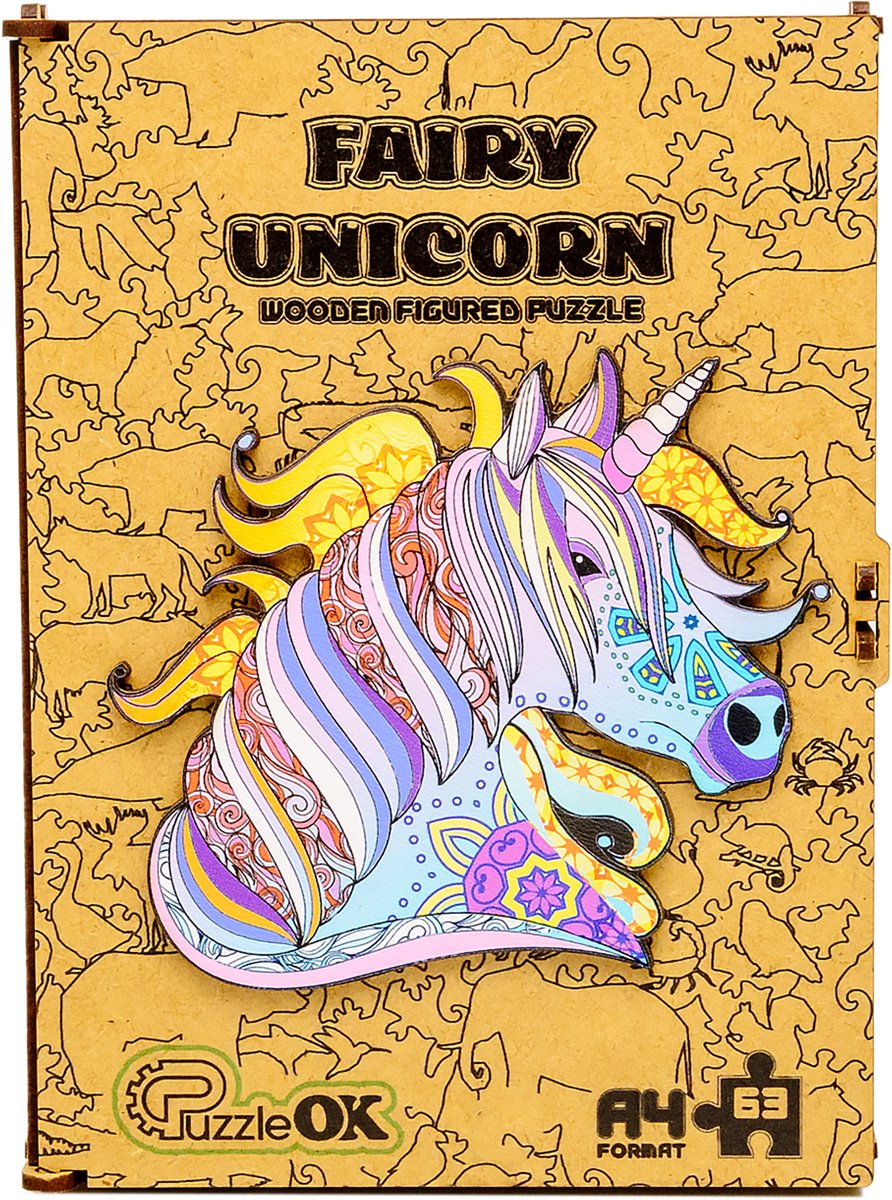 PuzzleOk Fairy Unicorn – Houten Legpuzzel – A4 – 63 Stukjes – Houten Bewaardoos